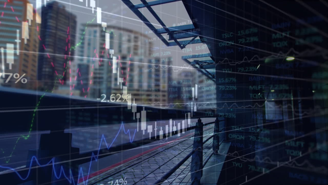 Animating financial data and stock market over urban cityscape with modern architecture