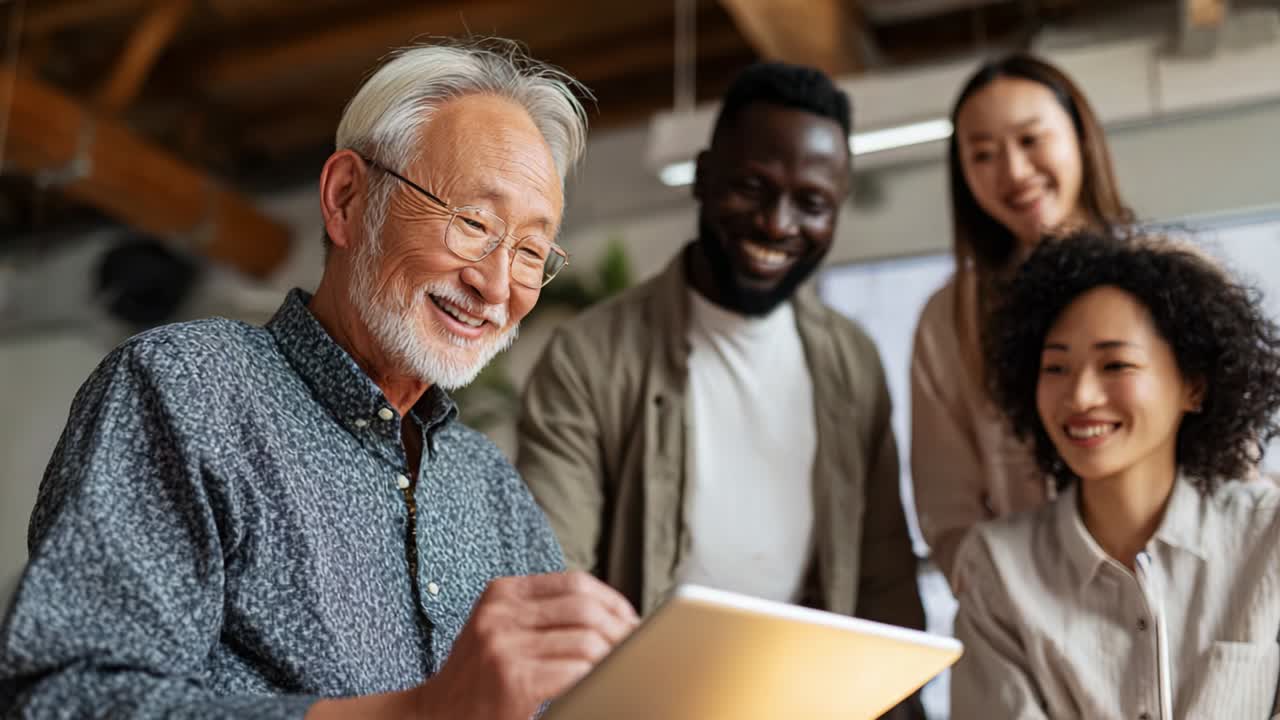 A joyful gathering of diverse individuals, showcasing collaboration and creativity as an elderly man engages with his young colleagues, sharing ideas and inspiration through digital tools in a vibrant workspace