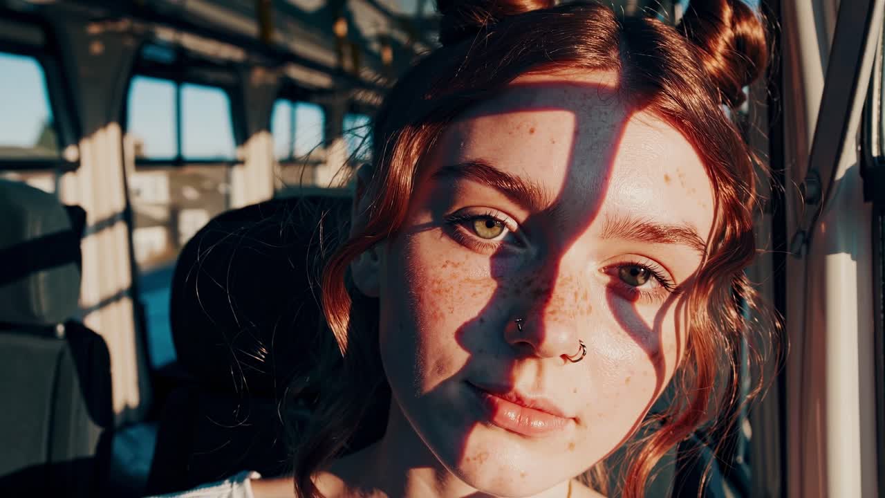 Redhead woman with freckles and a nose piercing sitting on a bus, eyes closed, with sunlight streaming through the window, creating a serene and peaceful atmosphere