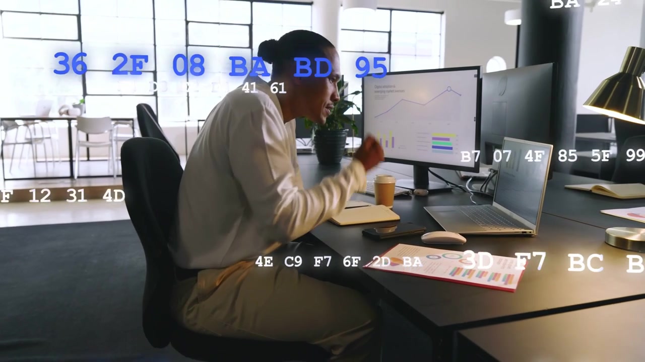 Male analyst monitoring finance charts, typing causing chart update, cheering with code overlaying