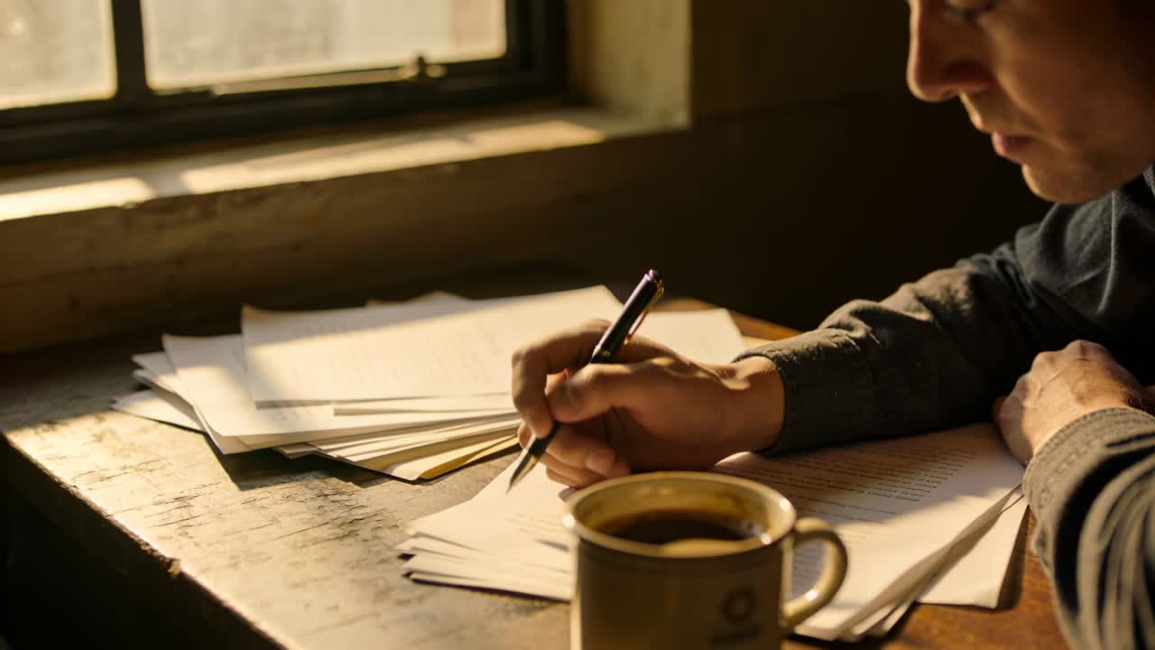 Een man die met zijn pen speelt, slaat pagina's om aan een houten bureau bij een zonovergoten raam, terwijl hij een manuscript doorneemt met een mok.
