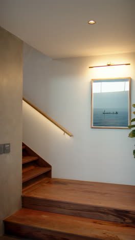 vertical video: modern staircase with wooden steps and framed ocean artwork, cozy home decor