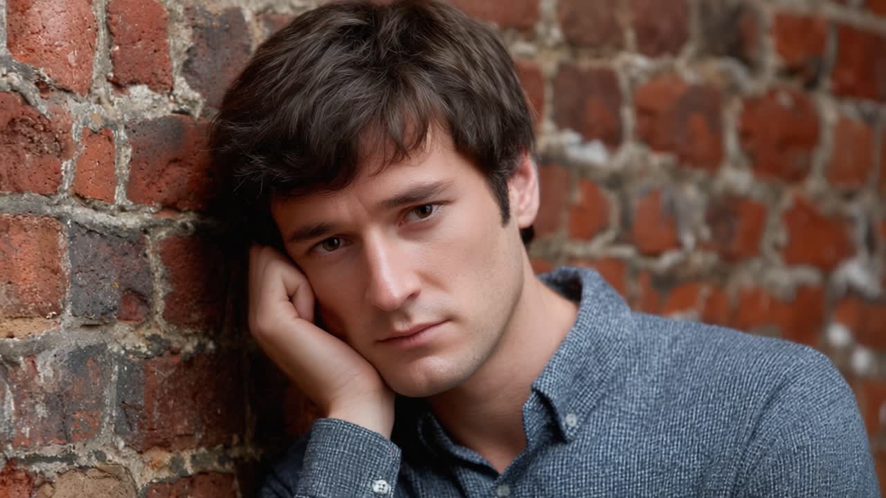 A Young Man in Thought: Capturing Contemplation Against a Rustic Brick Wall with a Pensive Expression Reflecting the Depth of Human Emotion and Vulnerability