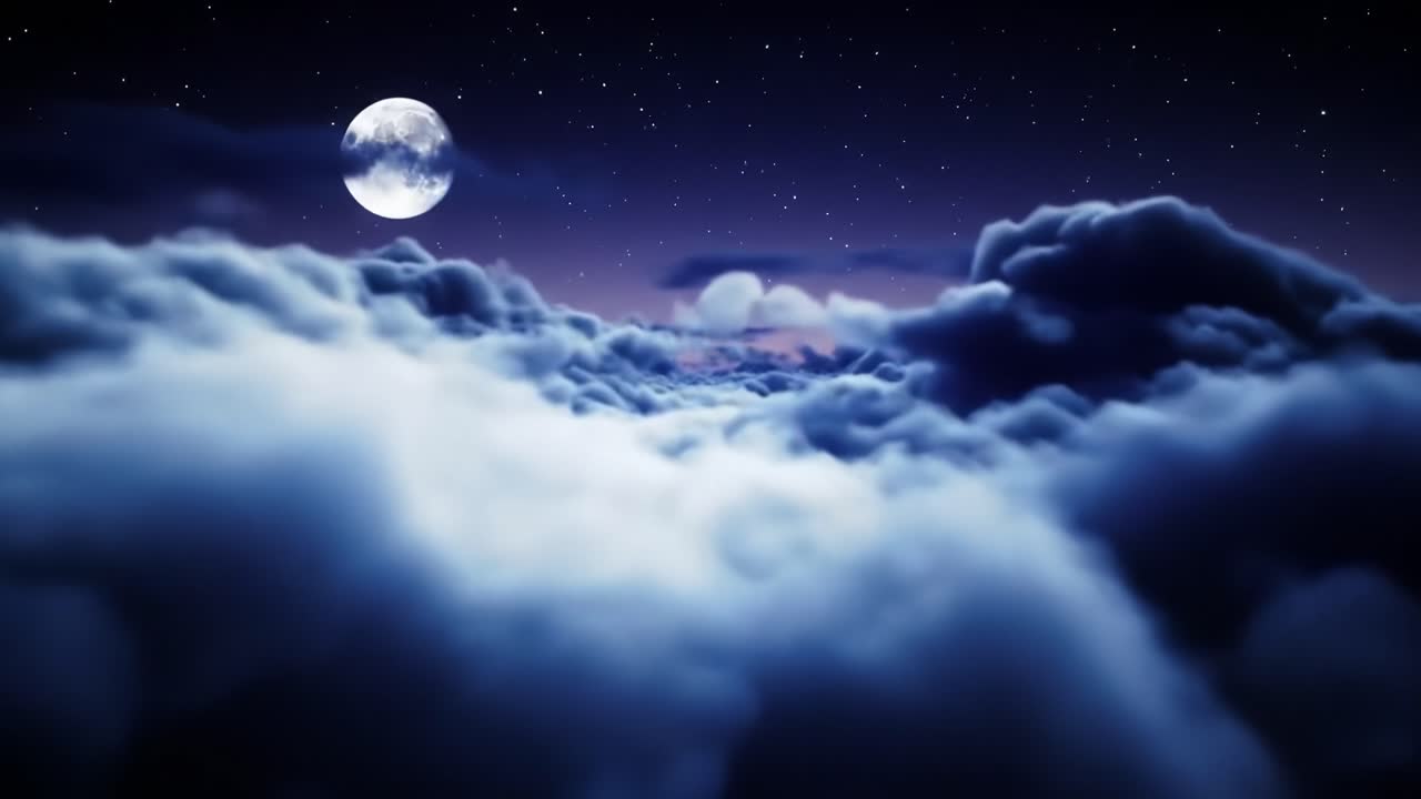 En fredelig nattescene med en fullmåne som lyser opp en himmel fylt med myke, luftige skyer under et teppe av blinkende stjerner, som skaper en rolig atmosfære av undring