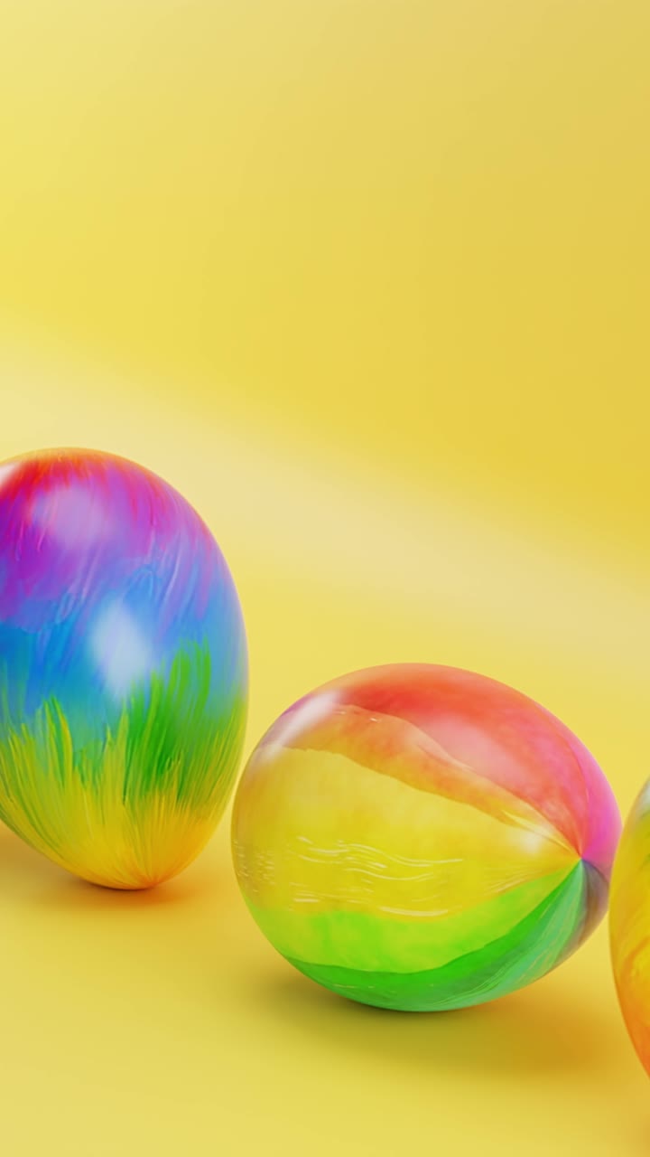 Three colorful eggs sitting on yellow surface with yellow background. Vertical looped animation