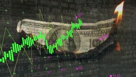 animatie van financiële gegevensverwerking en statistieken over het verbranden van amerikaanse dollarbiljetten