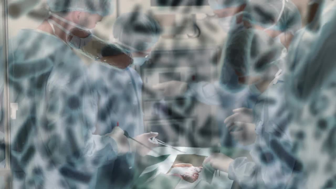 수술 중에 의사 위에 떠다니는 바이러스 세포의 애니메이션