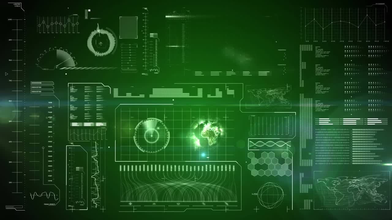 Animation of data processing over scope with countdown and green background