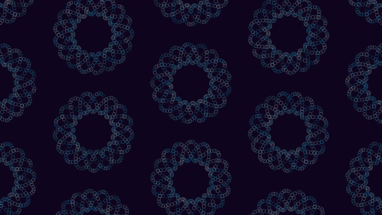 Repetitive circular patterns with interconnected lines create an intricate design on a dark backdrop. The circles overlap, forming a mesmerizing interconnected web of geometric shapes