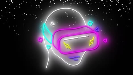Neon-person-wearing-vr-headset-icon-over-white-particles-falling-against-black-background