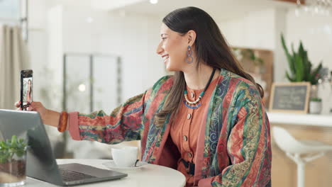 Phone,-selfie-and-woman-in-office-with-laptop