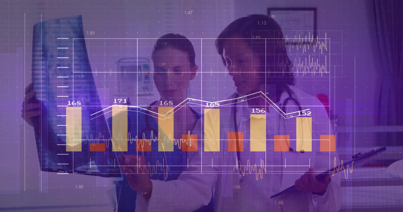 healthcare team examining X-ray and tablet in clinic showing animated bar graphs and waveforms