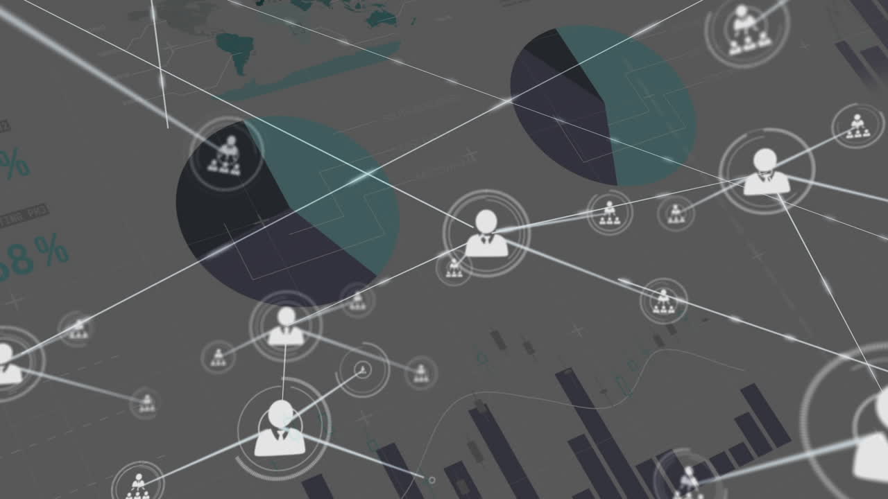 사람들과의 연결 네트워크의 애니메이션 아이콘과 금융 데이터 처리