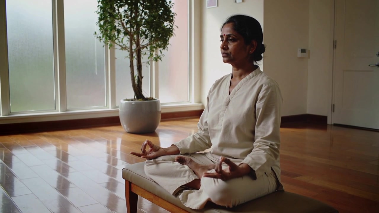 Donna indiana seduta che indossa una kurta larga, meditando per la calma su una panca bassa vicino a una finestra smerigliata, pianta