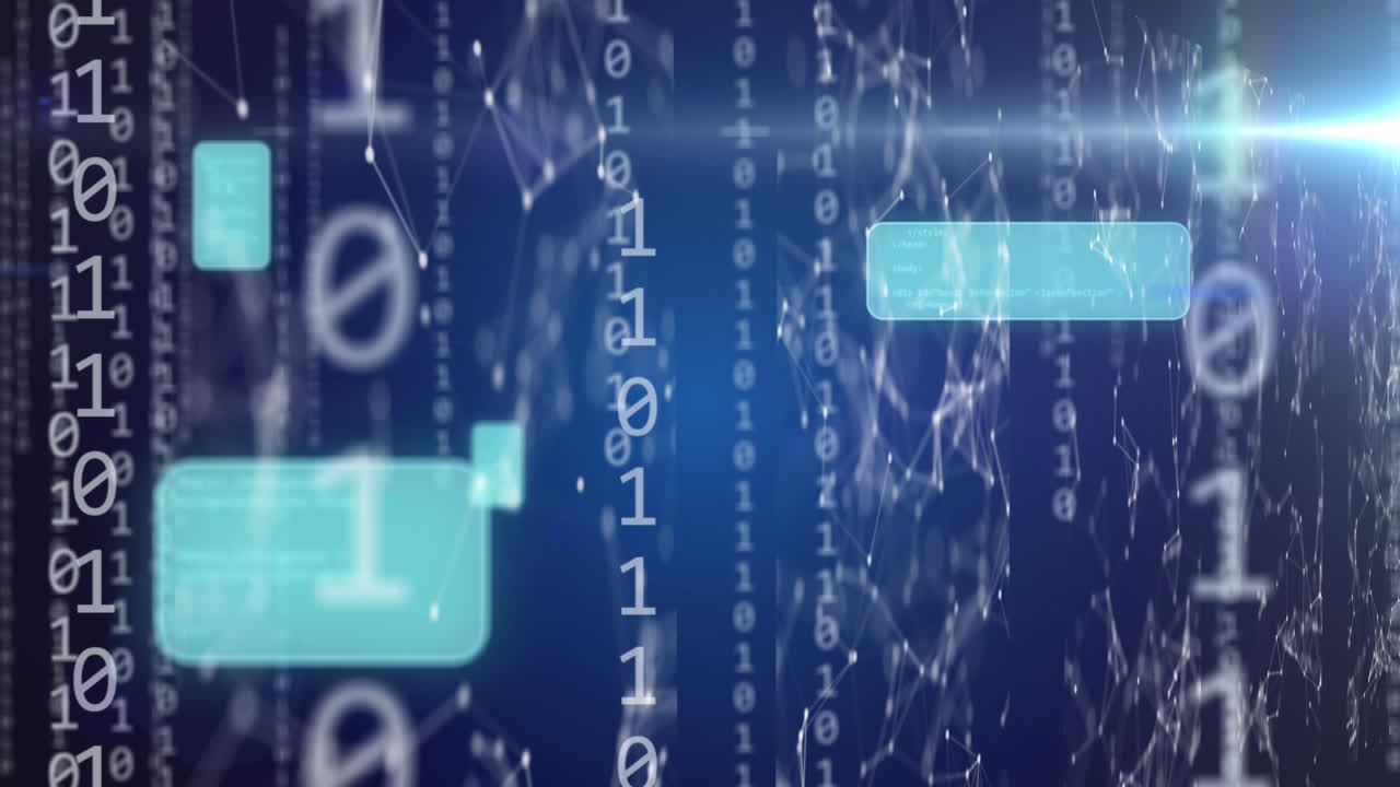 Animation of digital icons, binary coding and data processing