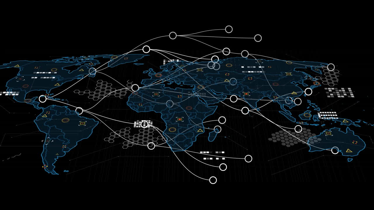 Animation of network of connections over data processing with world map on black background