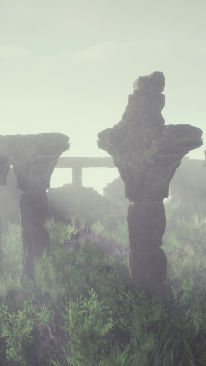 Foggy ruins at dawn in an ancient mysterious site