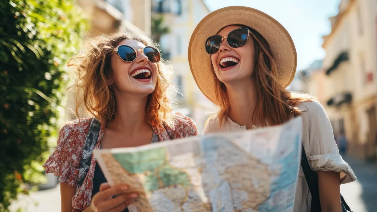 Due donne che sorridono e leggono una mappa, riprese in stile video di strada spontaneo con un angolo ravvicinato