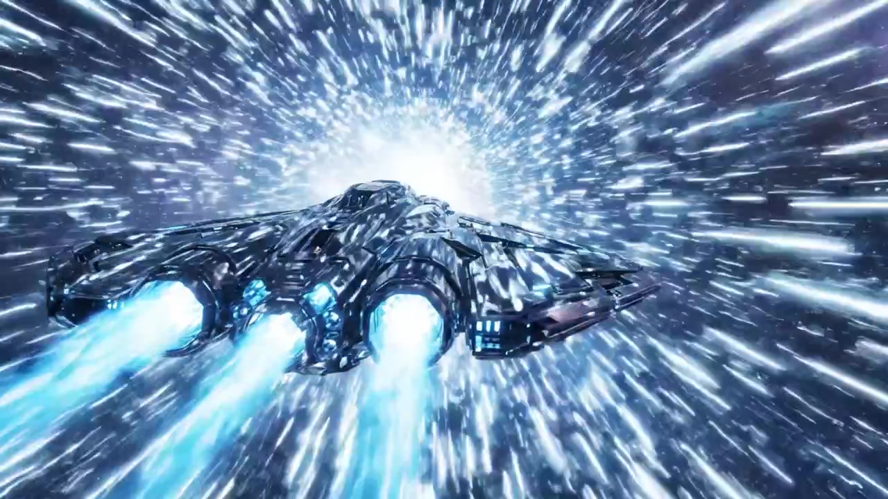 A Futuristic Starship Engaged in Hyperspace Travel, Accelerating Through a Cosmic Vortex Surrounded by Streaks of Light in a Vast, Star-filled Galaxy