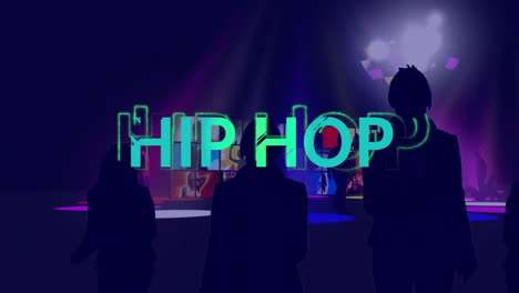 hip hop text animation over silhouettes of people in colorful club
