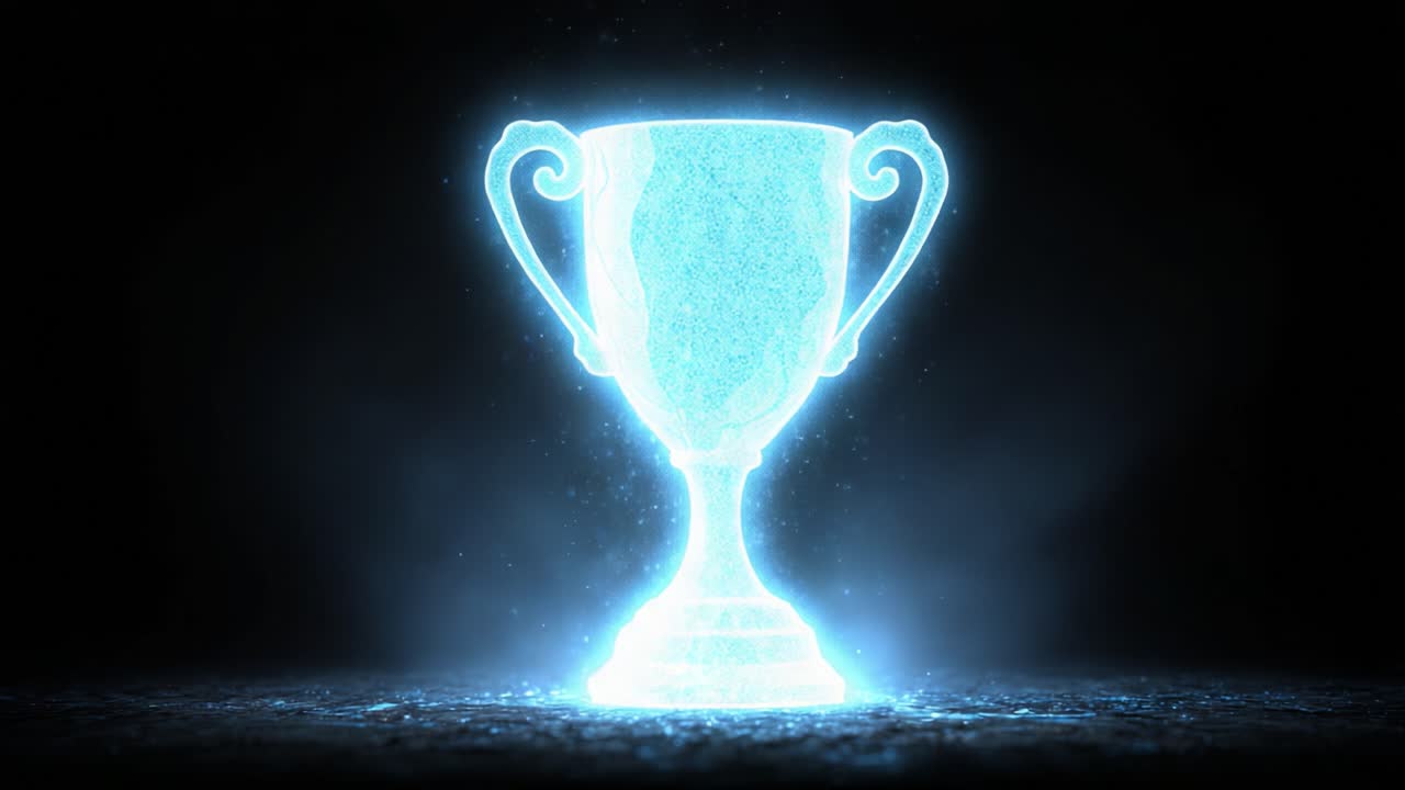 Una splendida rappresentazione di un trofeo scintillante: un'icona eterea di realizzazione e successo formata da particelle luminose, che evoca un senso di trionfo e celebrazione.