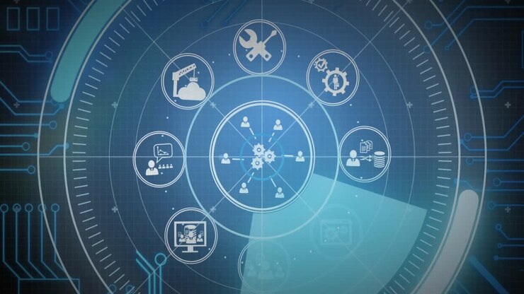 Animation of data processing with scope scanning and icons on black background