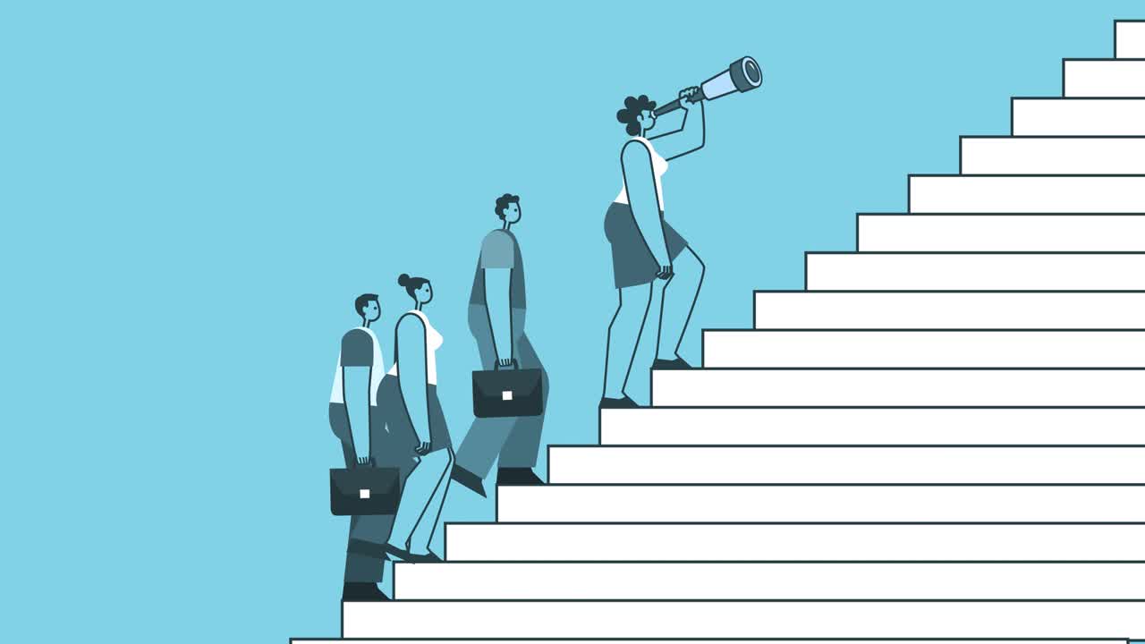 Team walk up the stairs with woman leader in front. Flat Design Cartoon Characters Isolated Loop 2d Animation. Career Growth and Teamwork Concepts.