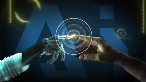 high quality 3d cgi of a robot arm reaching out and touching index fingertips with a human hand and activating a spinning tech gizmo and animated background ai data elements, in teal color scheme