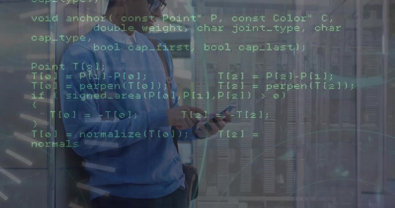 Animation of data processing and shapes over man using smartphone