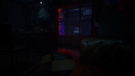 mysterious dimly lit room with neon lights creating an intriguing atmosphere