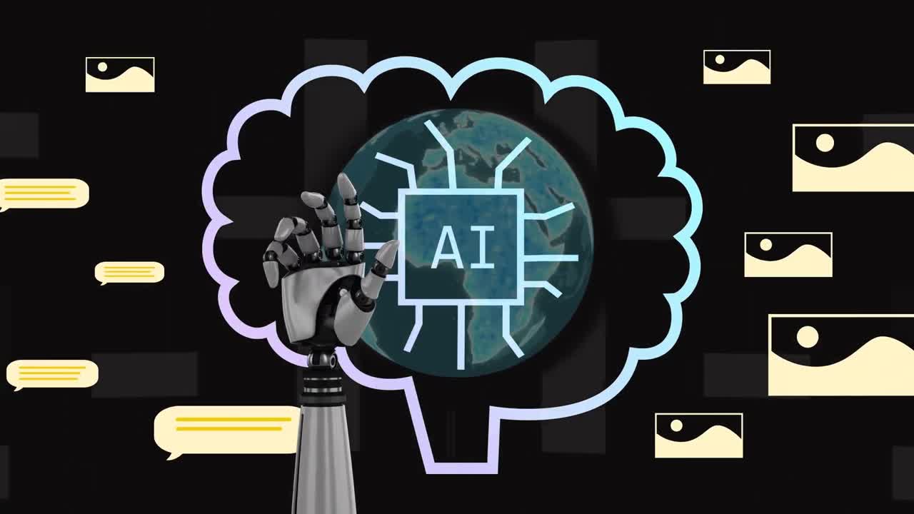 Animation of ai data processing and robot's arm in background