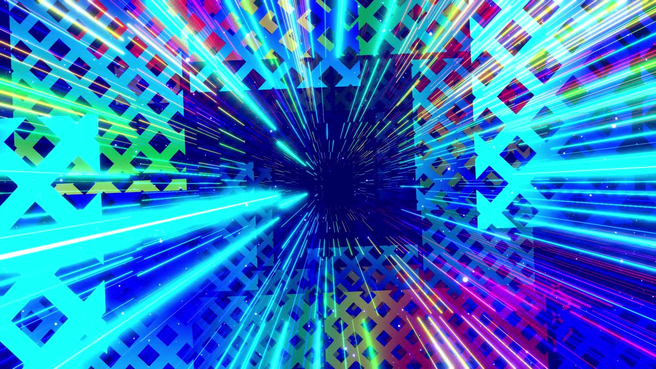 Motion design array of crosses, camera flies and rotates in digital sci-fi space with neon light and hologram objects. Hi tech concept, abstract futuristic looped background. Motion graphic. Vj loop.