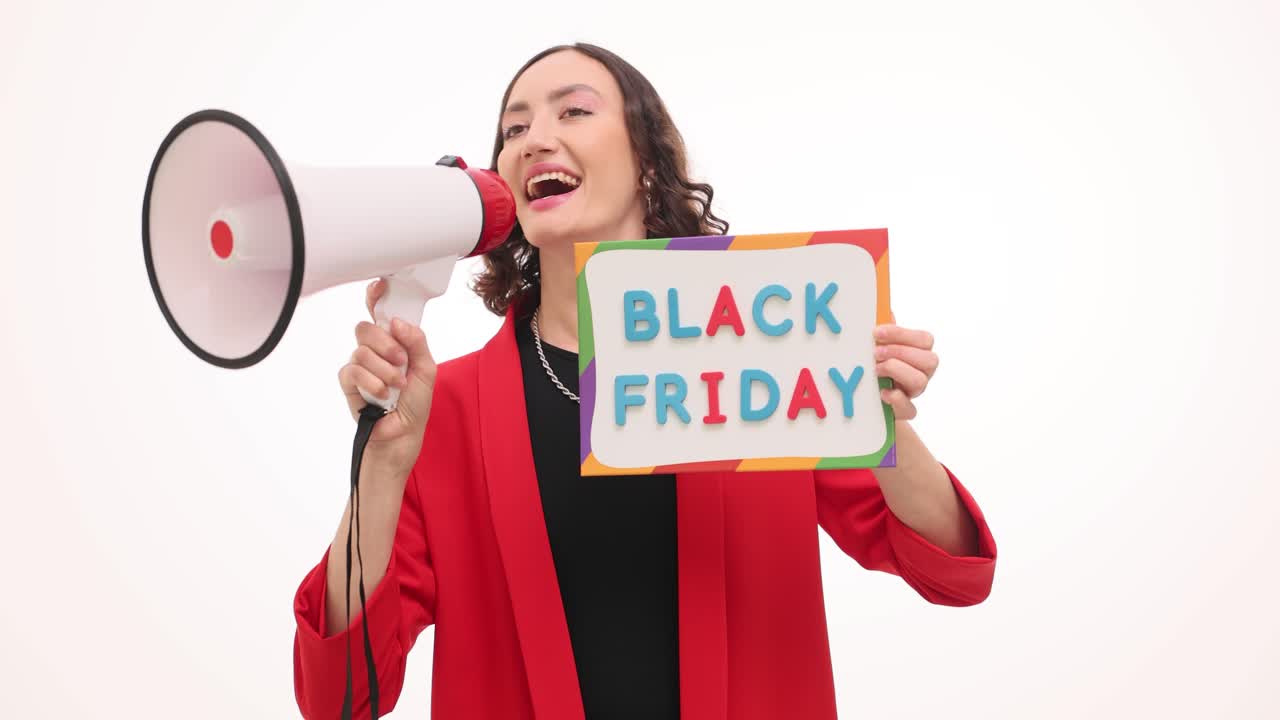 Woman Announcing Black Friday Sales with Megaphone and Sign