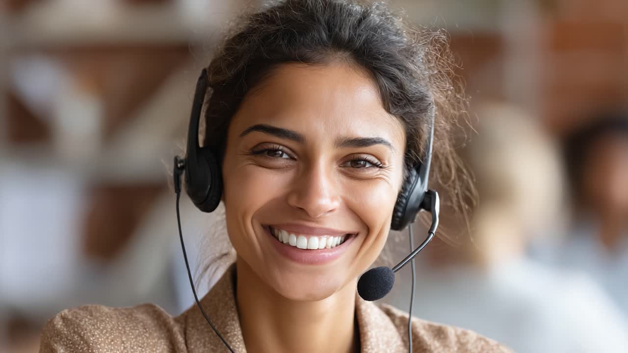 Engaging Customer Service Representative Smiling Brightly in a Modern Office Setting with Headset, Demonstrating Professionalism and Approachability