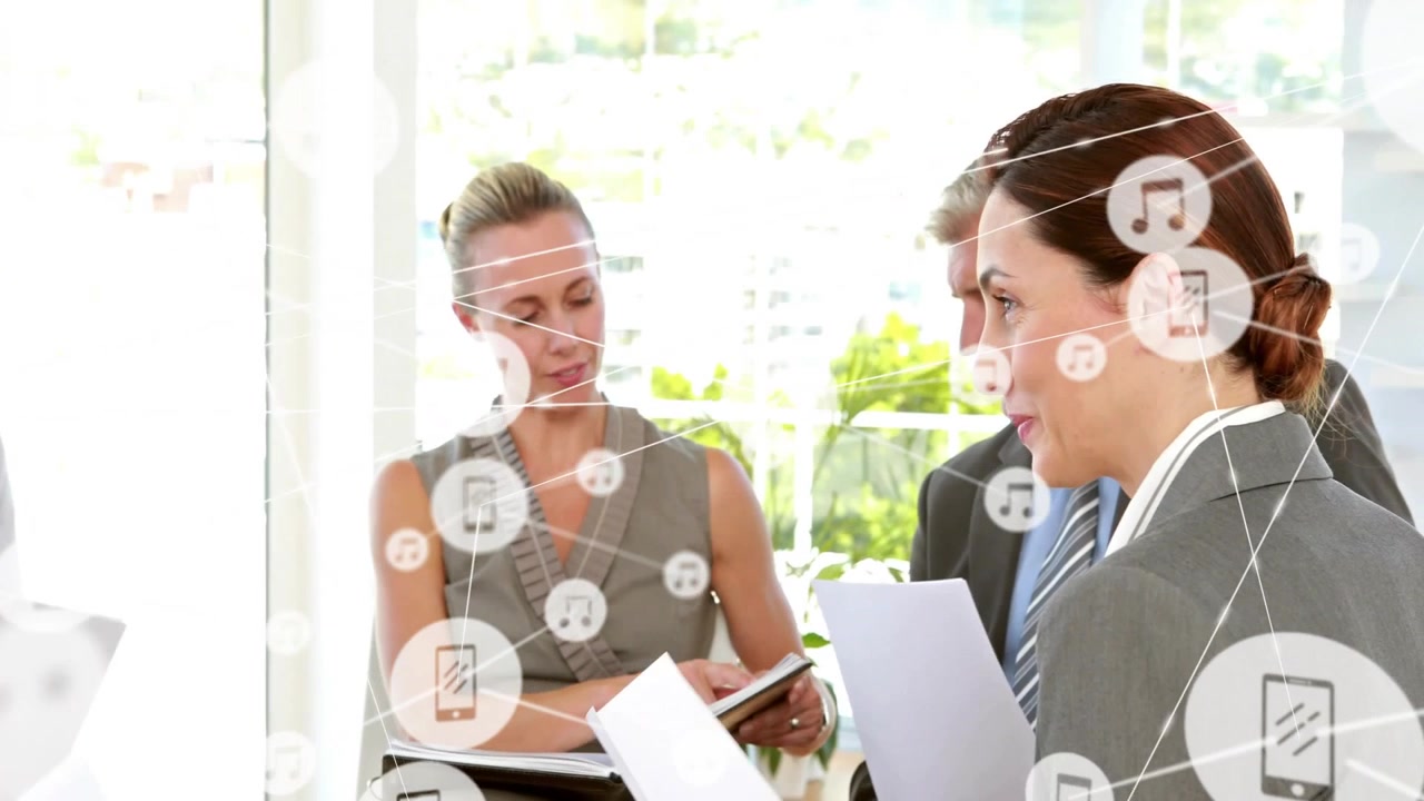 Business team reviewing docs after woman passing sheet, phone music message icon network expanding