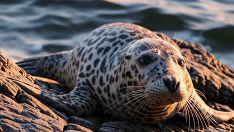spotted seal on rocky shore at sunset