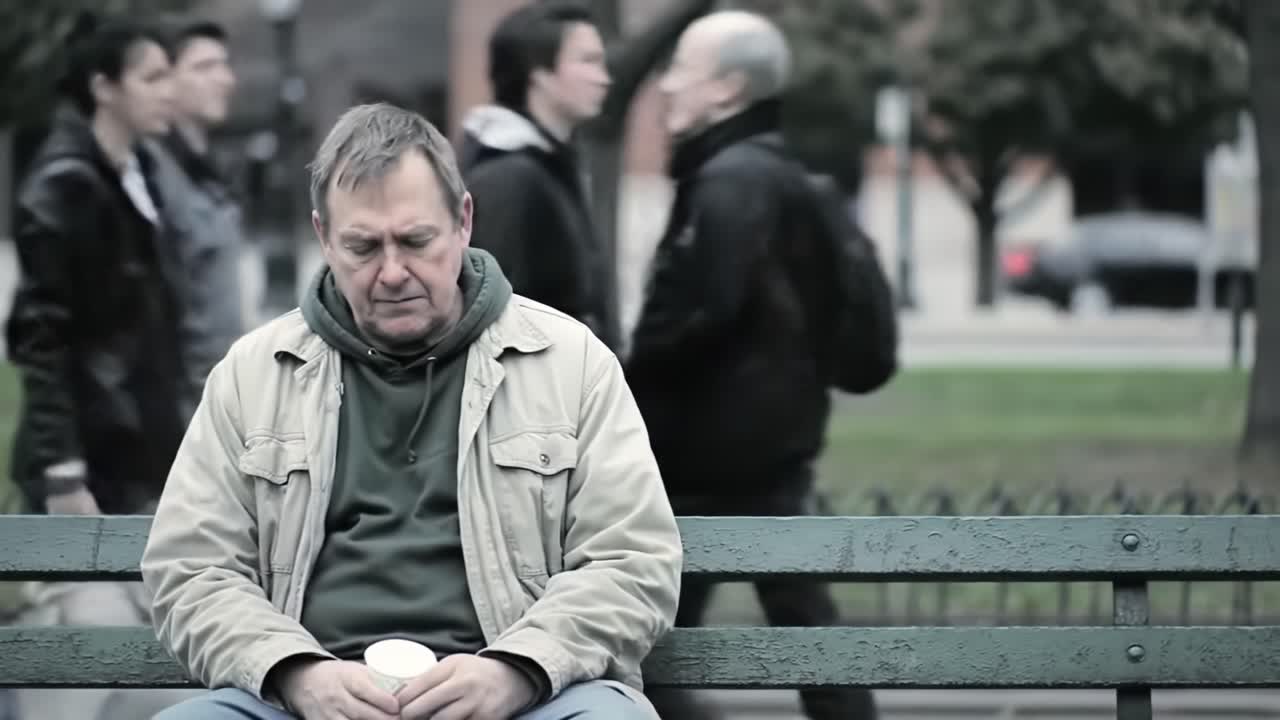 A solitary man sits on a park bench, lost in thought, surrounded by busy passersby, highlighting the contrast between isolation and the bustling world around him.