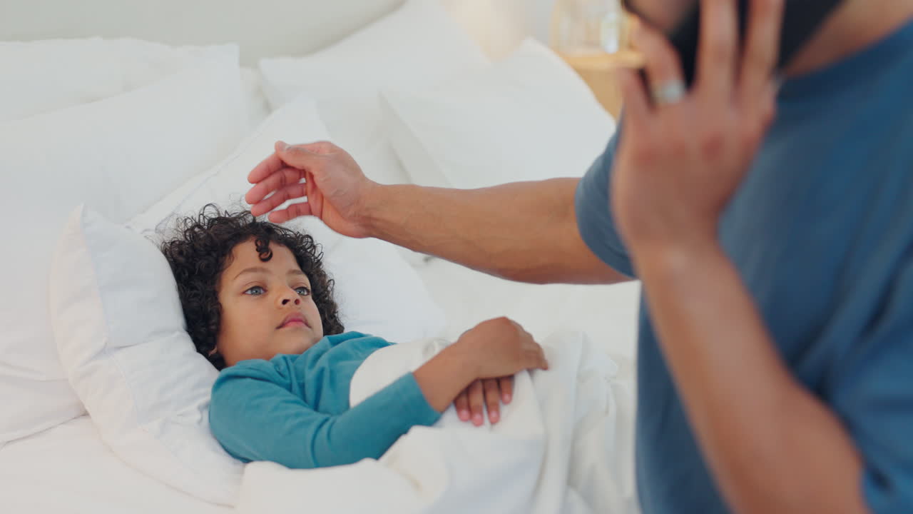 아버지, 전화, 병든 아이가 침대에