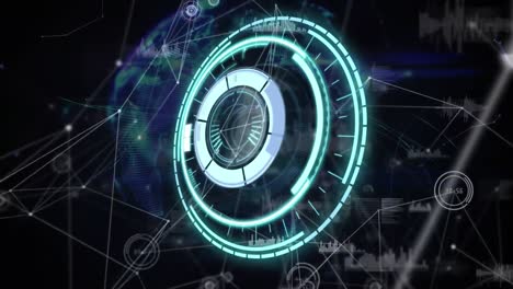 round scanner over network of connections and data processing against globe of plexus networks