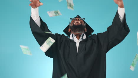 cash rain, black man and graduate happy