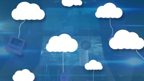 animación de nubes con iconos de medios y pantallas digitales sobre fondo azul