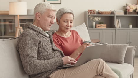 elderly couple using laptop at home