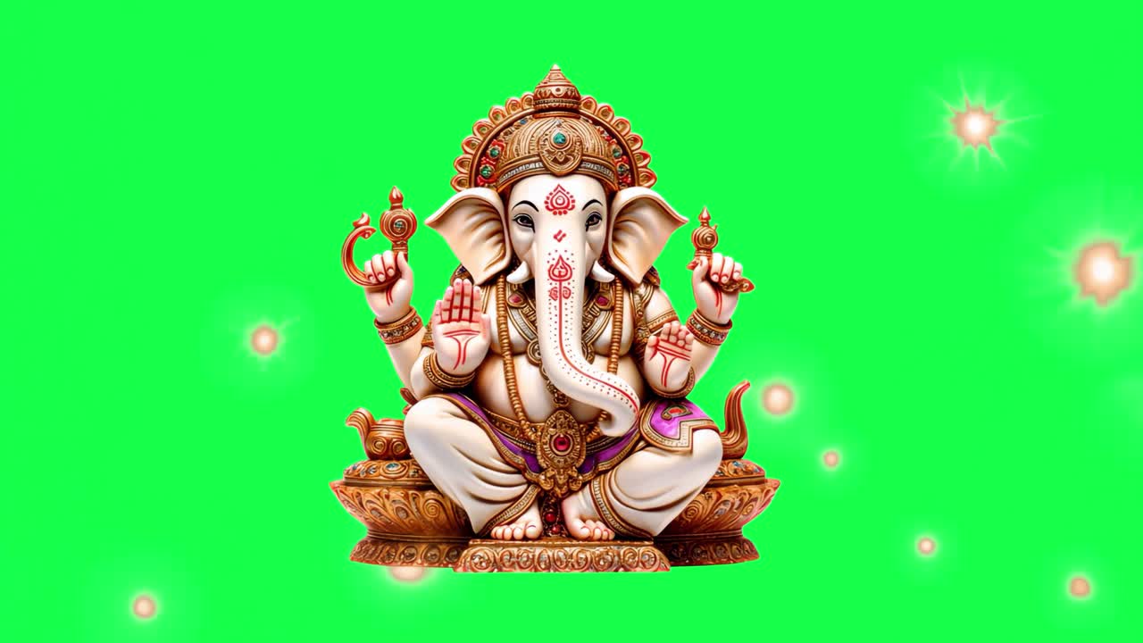Animazione del divino Ganesha, video 4K trasparente, green screen.
