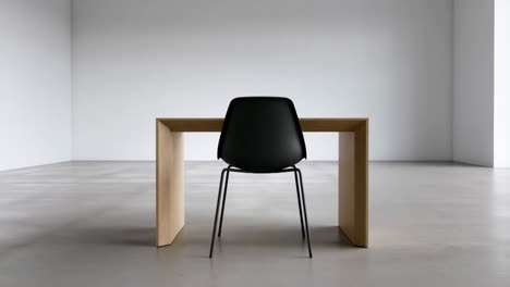 minimalist interior with wooden table and black chair