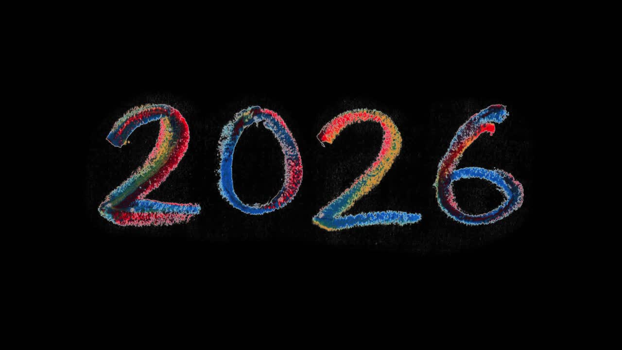 2026-titel in krijt handgetekende nieuwjaarskrabbelstijl