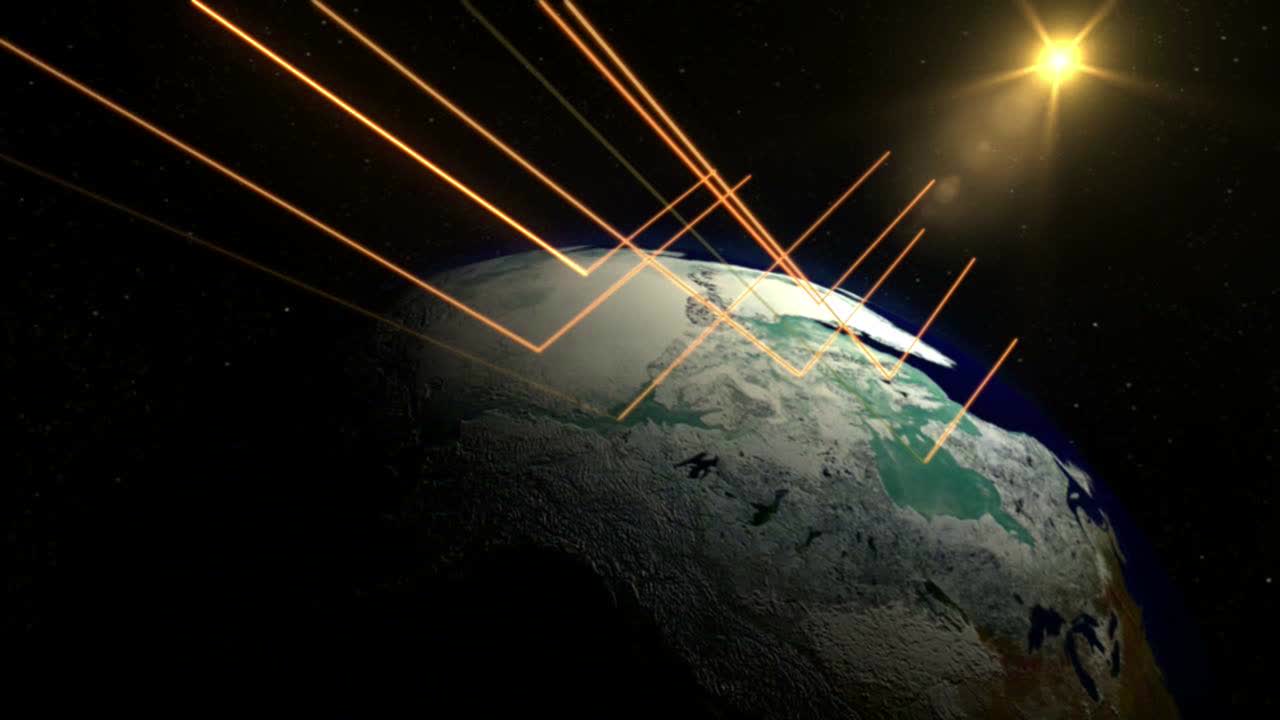 mapa animado de la tierra y sus océanos que muestra la refracción de la luz solar y el derretimiento de los glaciares durante un ciclo de calentamiento global/