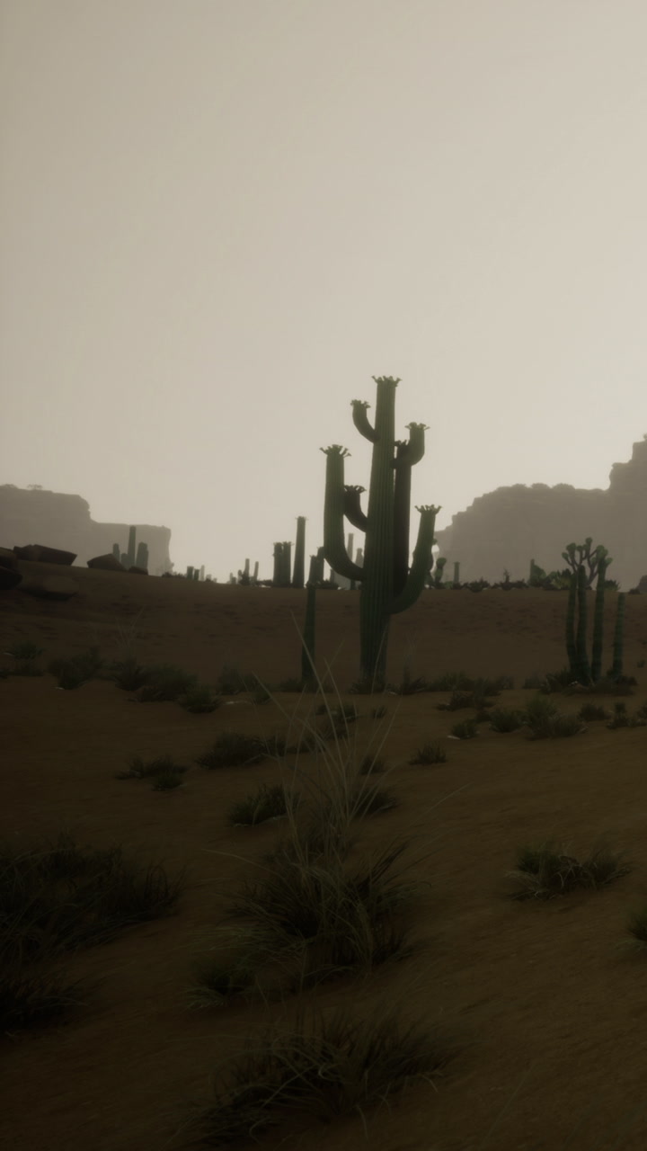 Vast desert landscape with silhouette cacti under a hazy sky at dusk