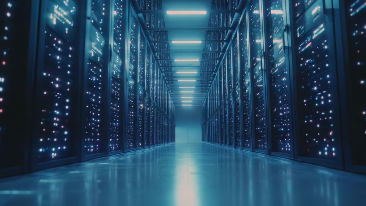 A Futuristic Data Center Aisle with Rows of Servers Illuminated by Soft Blue Lights, Creating a High-Tech Environment for Digital Operations and Connectivity