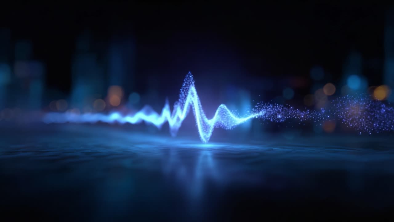 Dynamic Abstract Waveform Animation with Blue Light on a Dark Background, Portraying the Essence of Sound and Energy in Visual Artistry