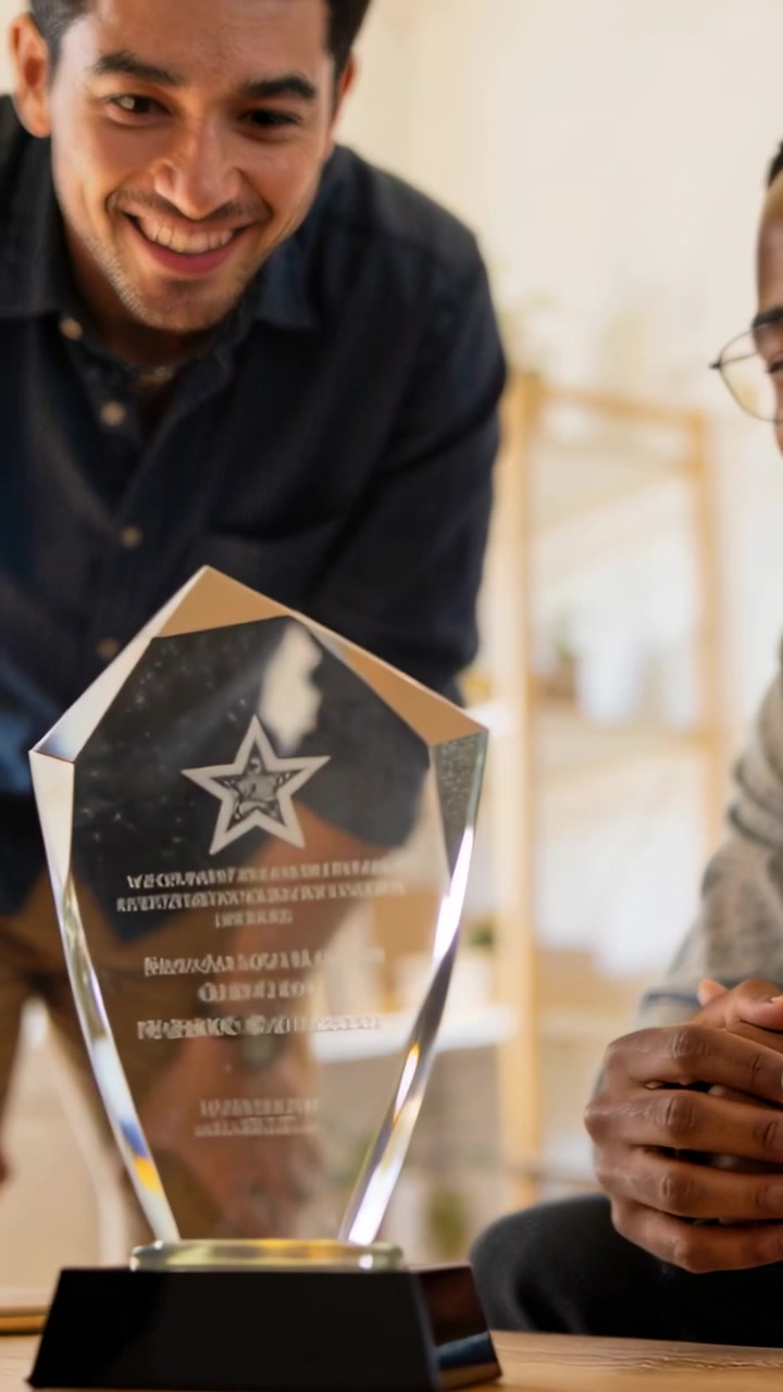 Vertical video: After trophy reveal, clapping man in navy shirt presenting crystal award at office